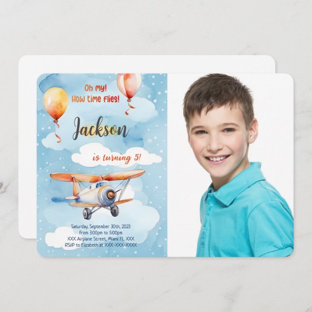 Boy Aeroplane Birthday Party Photo Invitation (Front/Back)
