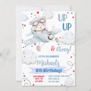 Boy aeroplane party invitation, bear plane birthda invitation