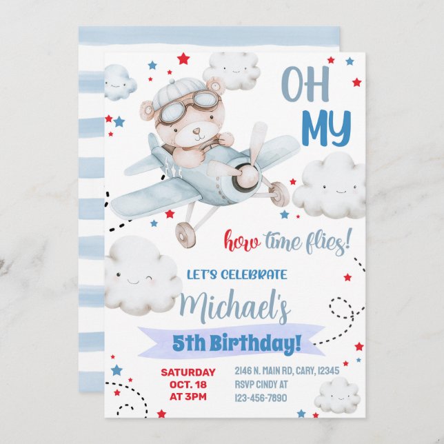Boy aeroplane party invitation, bear plane birthda invitation (Front/Back)