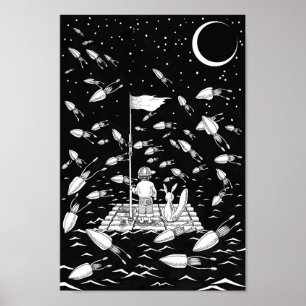 Boy and a fox drifting on a raft. poster