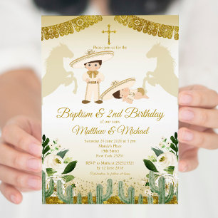 Boy and Baby White And Gold 2nd Birthday & Baptism Invitation