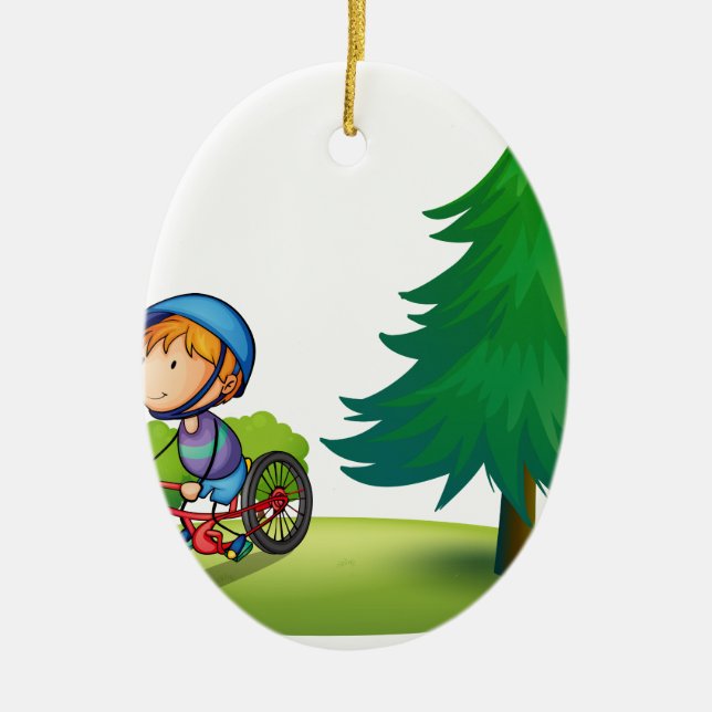 Boy and bike ceramic ornament (Front)
