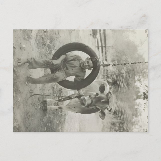 boy and cow black and white vintage postcard (Front)