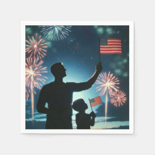 Boy and Dad With American Flags and Fireworks Napkin