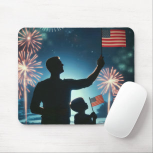 Boy and Dad With American Flags Mouse Pad