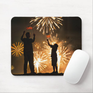 Boy and Dad With Flags and Fireworks Mouse Pad