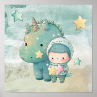 Boy And Dinosaur Friend Nursery Wall Art