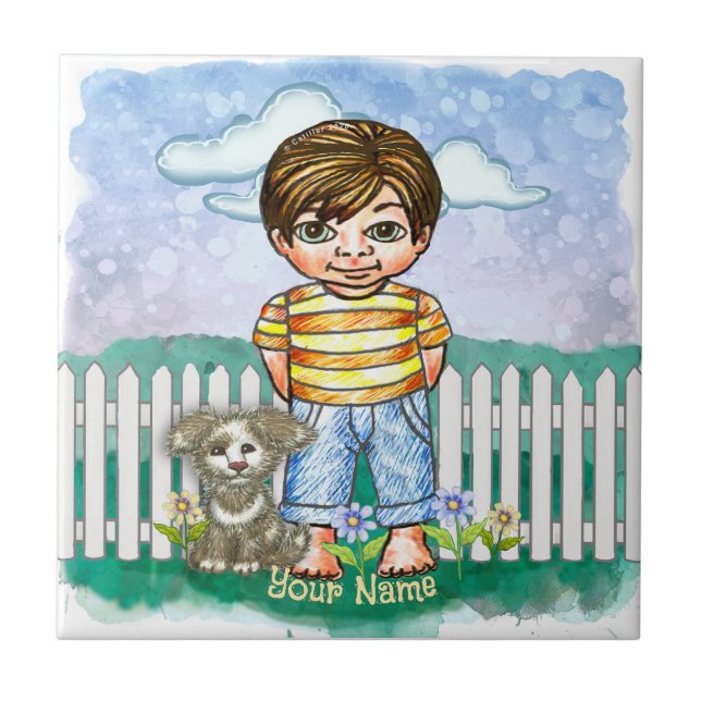 Boy and Dog  Ceramic Tile (Front)