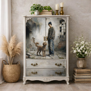 Boy and Dog Soft Urban Calm Neutral decoupage Tissue Paper