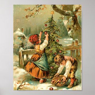 Boy and Girl Decorating Christmas Tree, vintage Poster