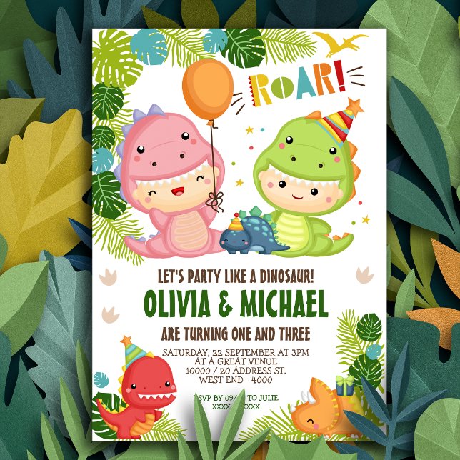 Boy and Girl Dinosaur Joint Birthday Invitation (Creator Uploaded)
