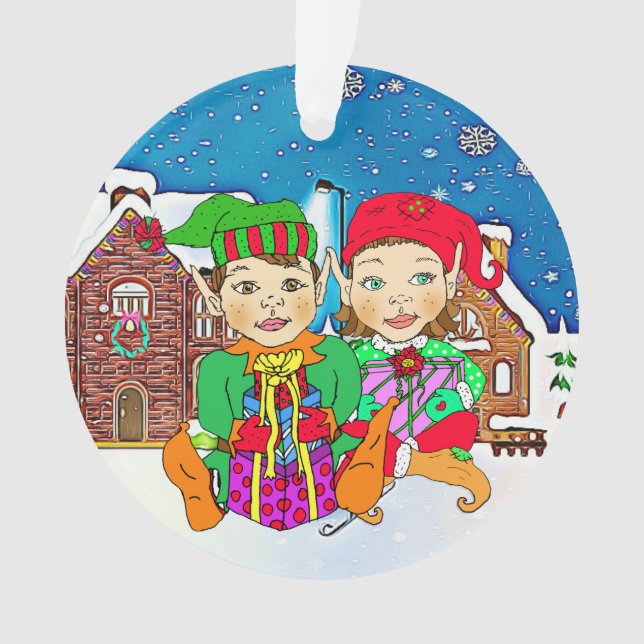 Boy and Girl Elves Couple Romantic Christmas Ornament (Front)
