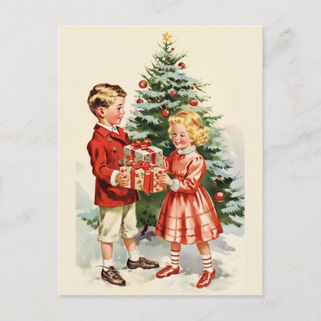 Boy and girl giving each other Christmas presents Postcard (Front)