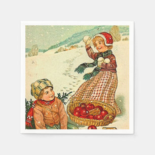 Boy and Girl Playing in the Snow Vintage Christmas Napkin