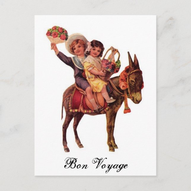 Boy and Girl Riding a Donkey, Bon Voyage Postcard (Front)