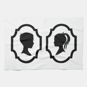 boy and girl silhouette in picture frame tea towel