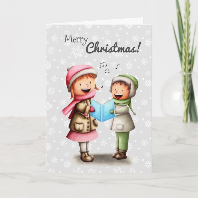 Boy and Girl Singing Carols Christmas Personalised Holiday Card (Front)