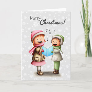 Boy and Girl Singing Carols Christmas Personalised Holiday Card