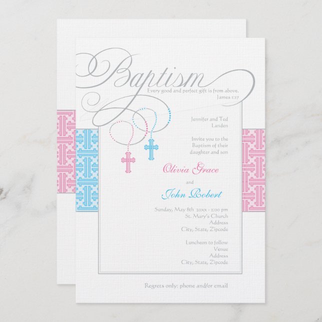 Boy and Girl Twins Baptism Invitation (Front/Back)
