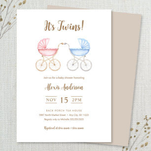 Boy and Girl Twins Carriages Baby Shower Invitation