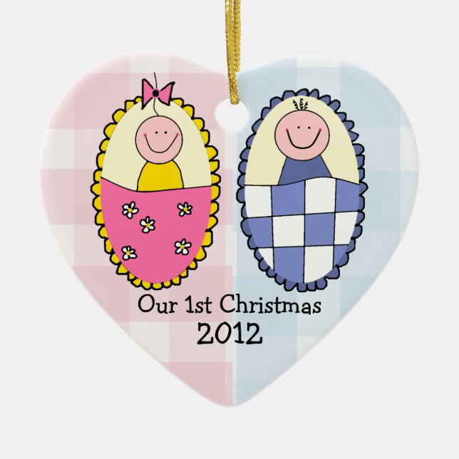 Boy and Girl Twins First Christmas Blue Pink Ceramic Ornament (Front)