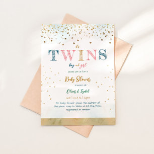Boy And Girl Twins Gold Glitter Simple Baby Shower Invitation