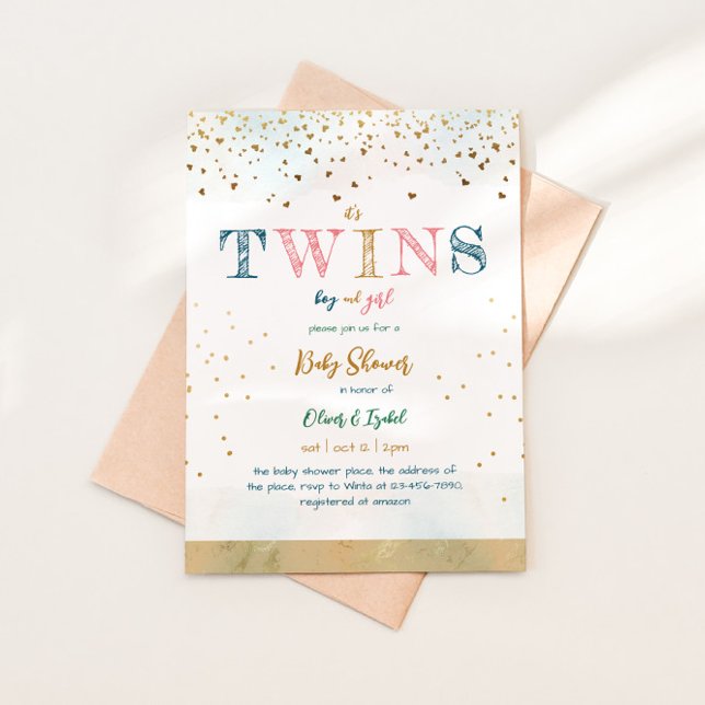 Boy And Girl Twins Gold Glitter Simple Baby Shower Invitation (Creator Uploaded)