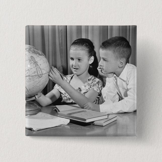 Boy and Girl Viewing Globe 15 Cm Square Badge (Front)