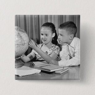 Boy and Girl Viewing Globe 15 Cm Square Badge