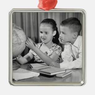 Boy and Girl Viewing Globe Metal Tree Decoration