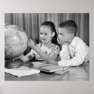 Boy and Girl Viewing Globe Poster