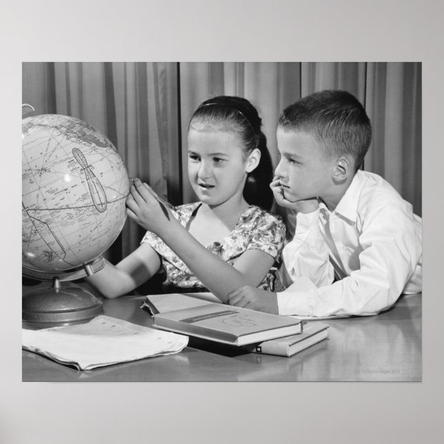 Boy and Girl Viewing Globe Poster (Front)