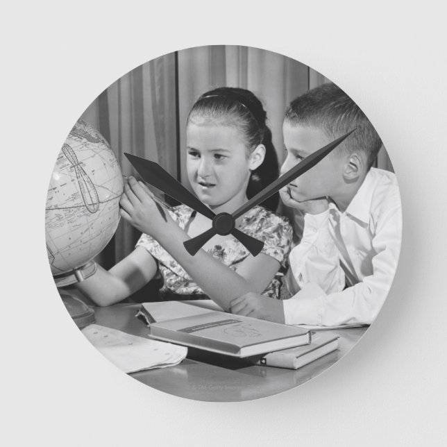 Boy and Girl Viewing Globe Round Clock (Front)