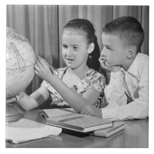 Boy and Girl Viewing Globe Tile