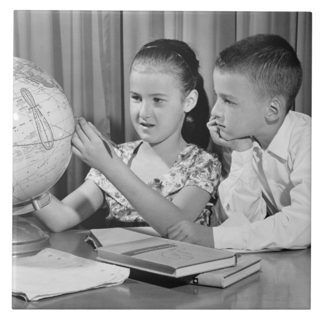 Boy and Girl Viewing Globe Tile (Front)