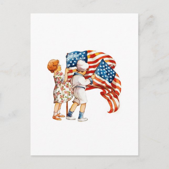 Boy and Girl Waving Flags Postcard (Front)