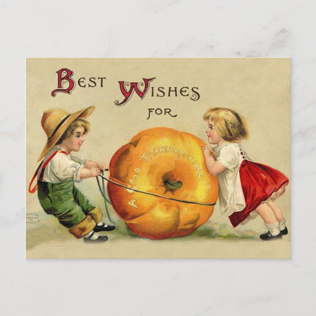 Boy and Girl with Big Thanksgiving Pumpkin Postcard (Front)