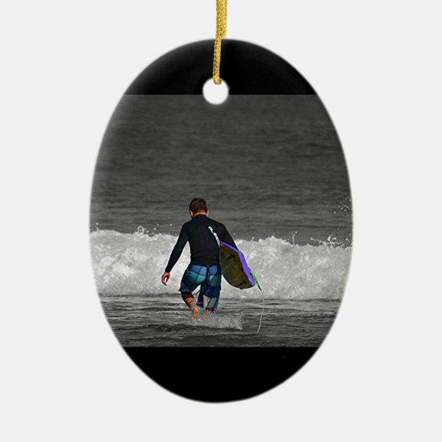 BOY AND HIS BOOGIE BOARD CERAMIC TREE DECORATION (Front)