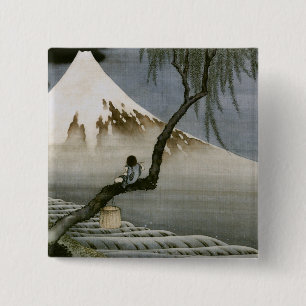 Boy and Mount Fuji Hokusai Japanese Fine Art 15 Cm Square Badge