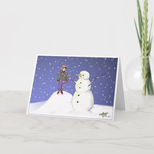 Boy and Snowman Holiday Card (Front)