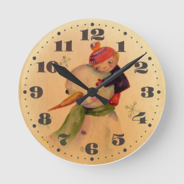 Boy and snowman round clock (Front)