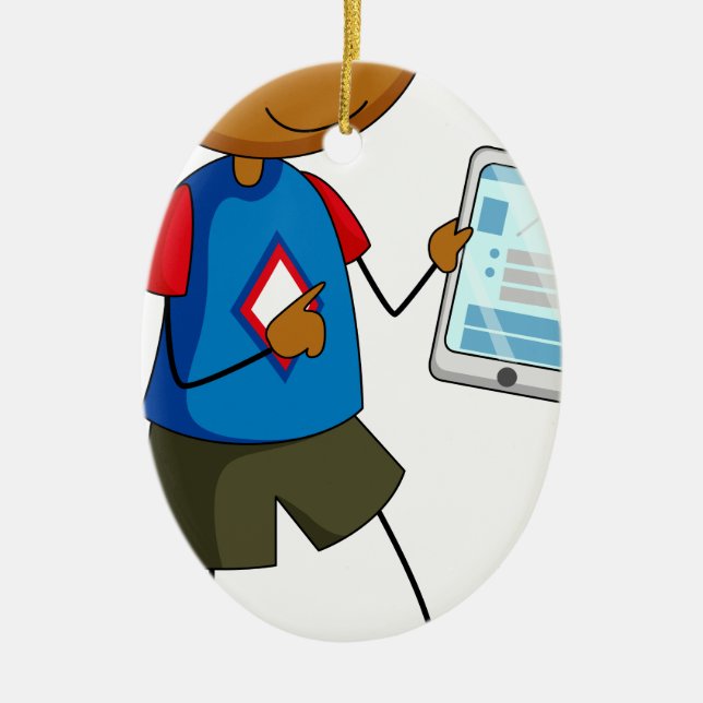 Boy and tablet ceramic tree decoration (Front)