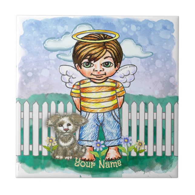Boy Angel and Dog  Ceramic Tile (Front)
