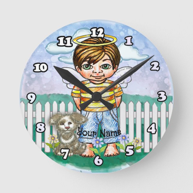 Boy Angel and Dog  Round Clock (Front)
