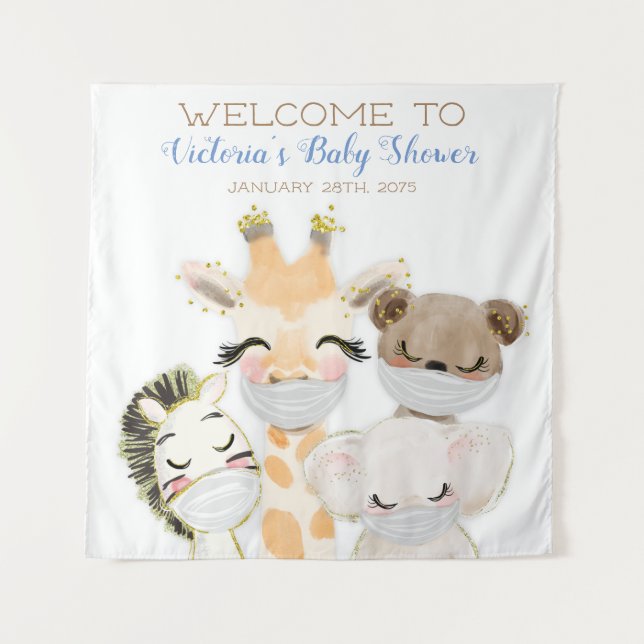 Boy Animals With Mask Baby Shower SQ Backdrop Tapestry (Front)