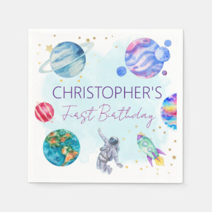 Boy Astronaut Gold Blue Rocket Ship Planet Napkin