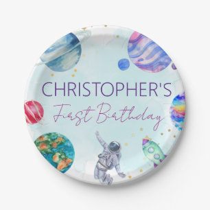 Boy Astronaut Gold Blue Rocket Ship Planet  Paper Plate