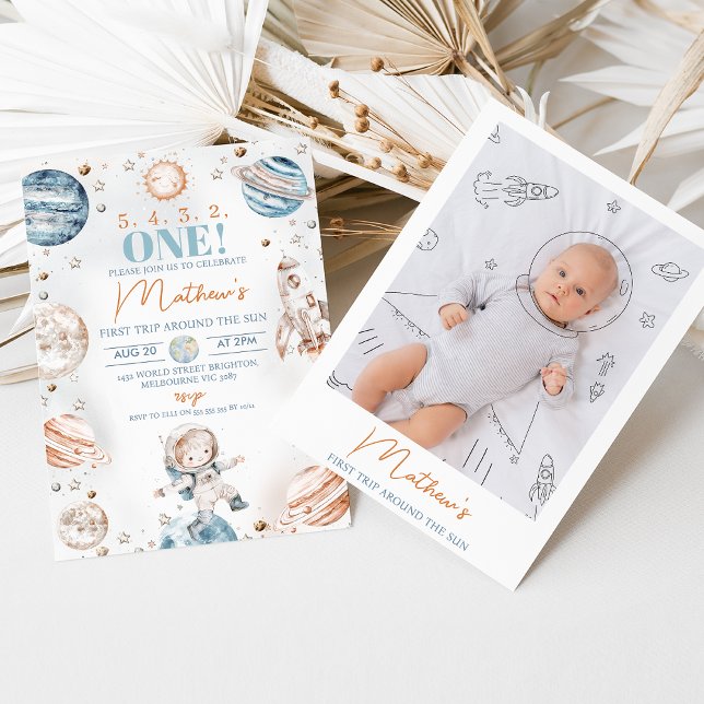 Boy Astronaut Photo First Trip Around Sun Birthday Invitation (Boys First Trip Around the Sun Birthday Invitation Photo, Outer Space Astronaut 1st Birthday Boy )