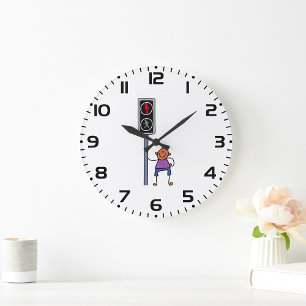 Boy at Pedestrian Crossing with Red Stop Signal Large Clock