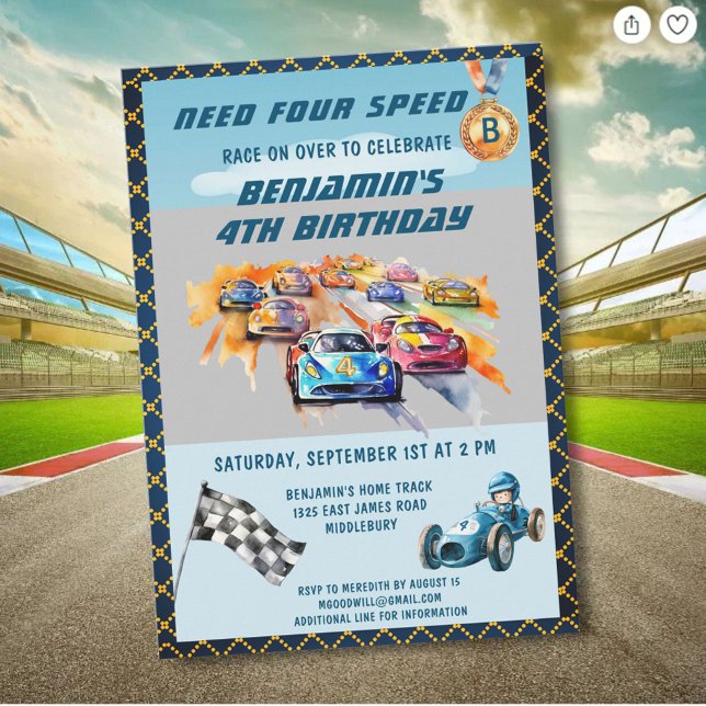 *Boy Auto Car Racing Theme 4th Birthday Party Invitation (Creator Uploaded)